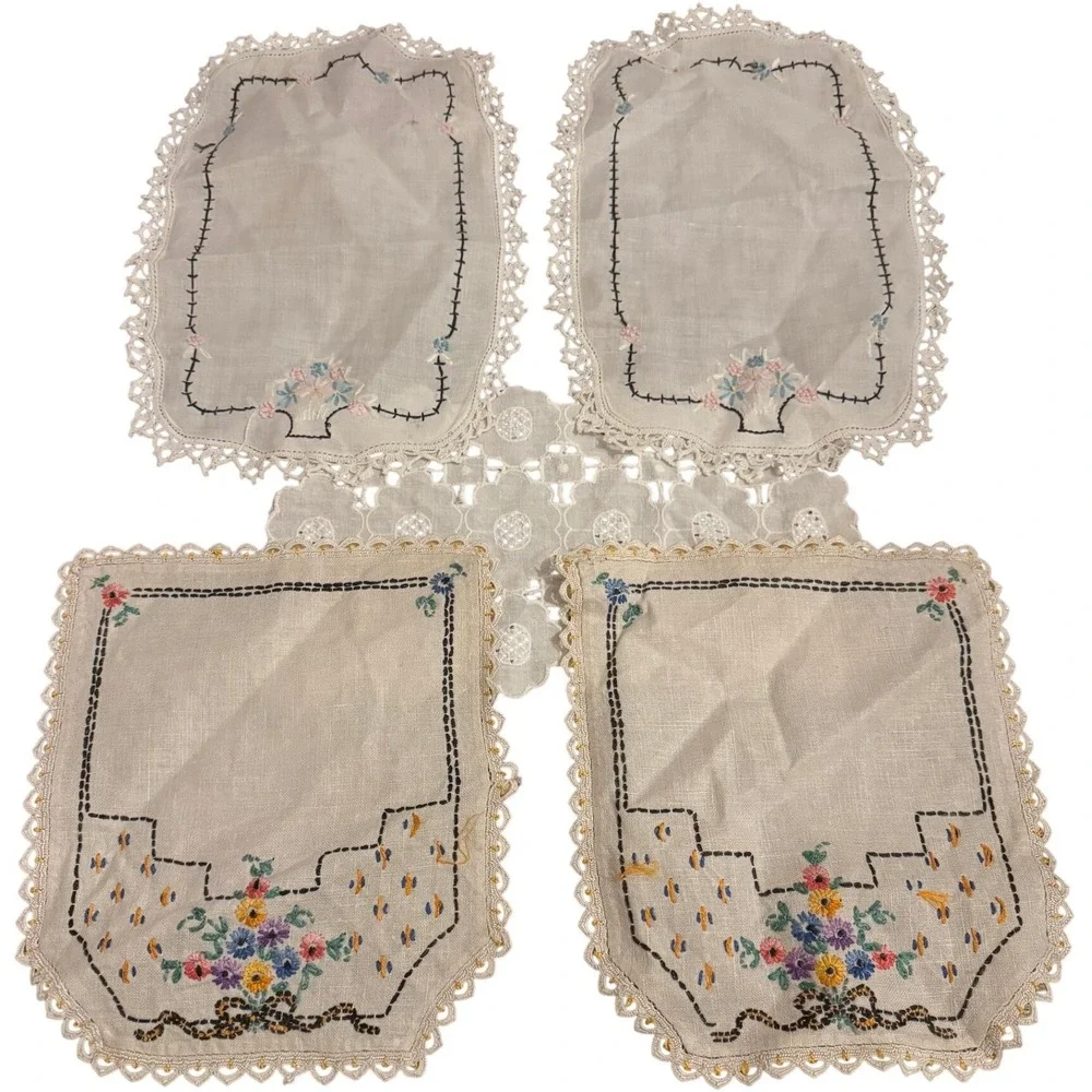 Vintage Lot 5 Hand Embroidered Table Linens Doilies Floral Needlework Lace